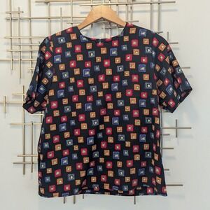 VTG Jaclyn Smith Black Geometric Print‎ Short Sleeve Button Back Top Women's M